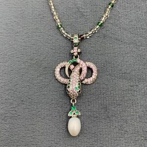 Elegant Snake drop Pearl pink green encrusted crystal ethnic statement necklace